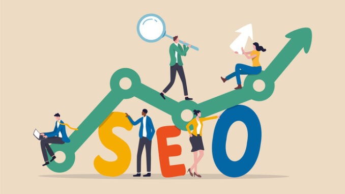 SEO, Search Engine Optimization for website to show in search result page concept, professional people holding magnifying glass, mouse pointer or using laptop sit on analytics graph on the word SEO.
