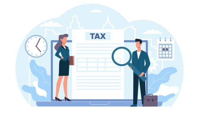 Concept of tax inspector budget analysis, man and woman overseeing compliance with financial laws. Research report and calculation. Cartoon flat isolated characters. Vector illustration