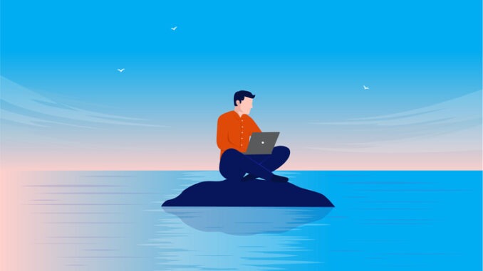A lonely worker sits on his own tiny island