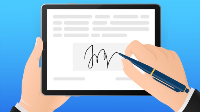 Electronic signature in flat style. Flat infographic. Phone icon