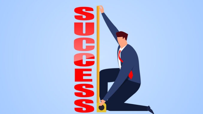 Businessman holding a tape measure to measure the height of success, distance to success, concept illustration of business success