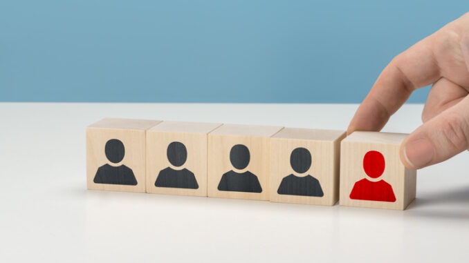 HR, Human resources and team completing. Human resources and CEO concept. recruiter complete team by one person. Employees are represented by wooden cubes with icons.
