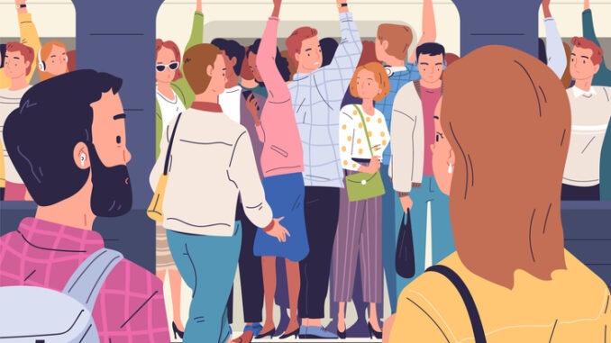 Crowded subway train. Commuters inside busy subway in rush hour, people behind window door overcrowded metro train or railway full tram public transport, classy vector illustration of busy metro