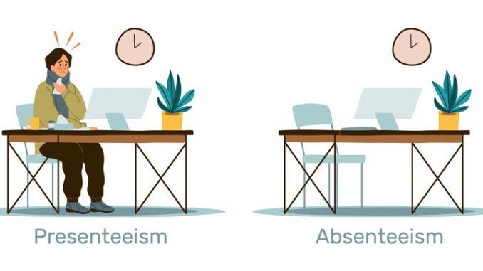 Absenteeism and presenteeism in workplace. Sick and tired man with low productivity and efficiency at work. 