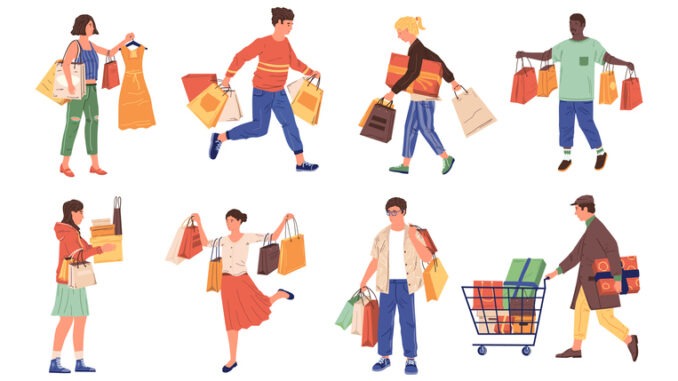 Millenials People shopping. Cartoon buyers with bags and carts. 