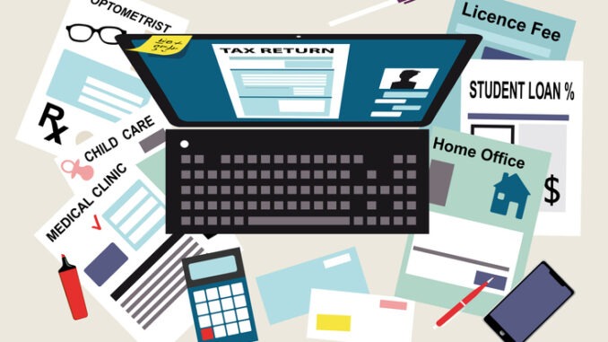 Laptop with a tax return form on a screen surrounded by documents supporting various tax deductions, EPS 8 vector illustration
