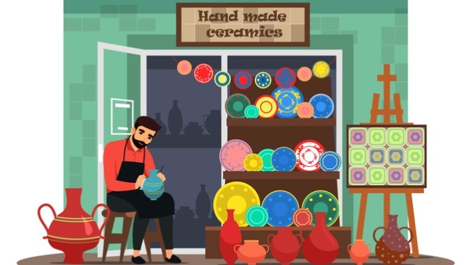 Artist in handmade ceramics shop. Small business vector illustration. Owner of ceramics store sitting and painting