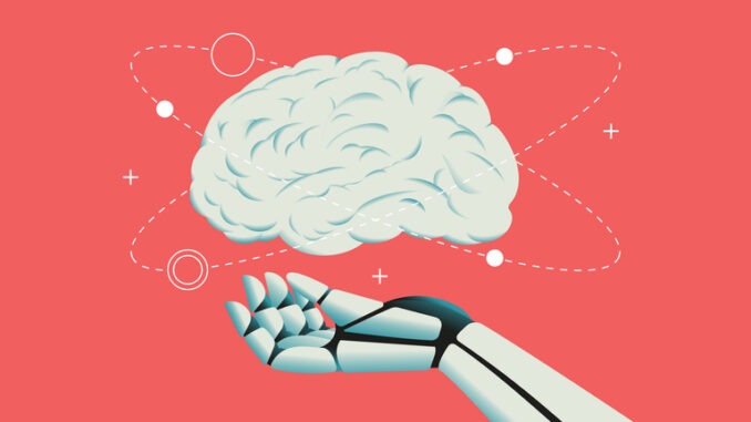 Robot hand holding human brain illustration