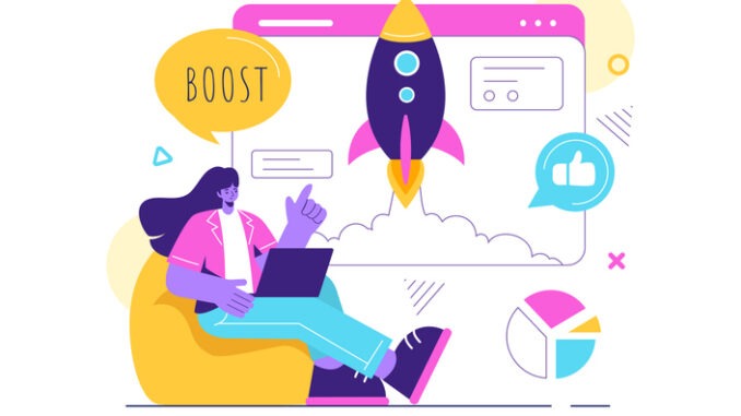 Business Boost illustration with a Digital Marketing Rocket, Company Career Success in Development and Profit Increase