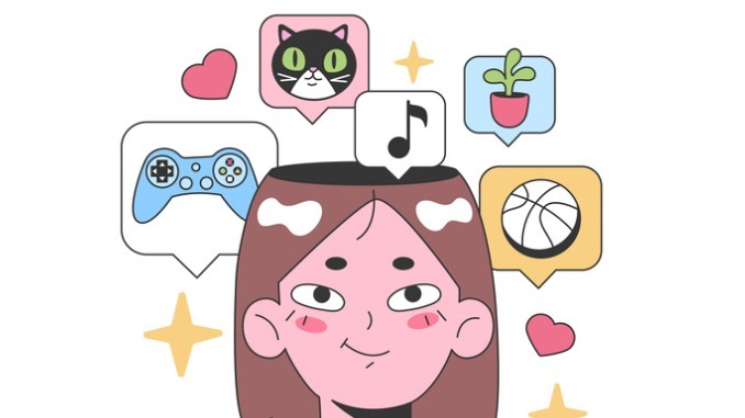 Psychographics insights concept. A cheerful girl surrounded by icons representing her interests: music, gaming, pets, plants, and sports.