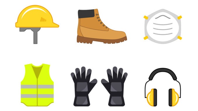 Construction industry. Protective helmet, mask, shoe, vest, gloves, headphones. 