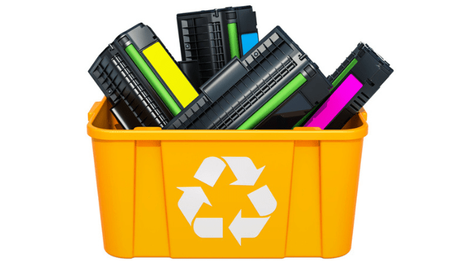 Used laser printer cartridges in recycling bin, 3D rendering isolated on white background