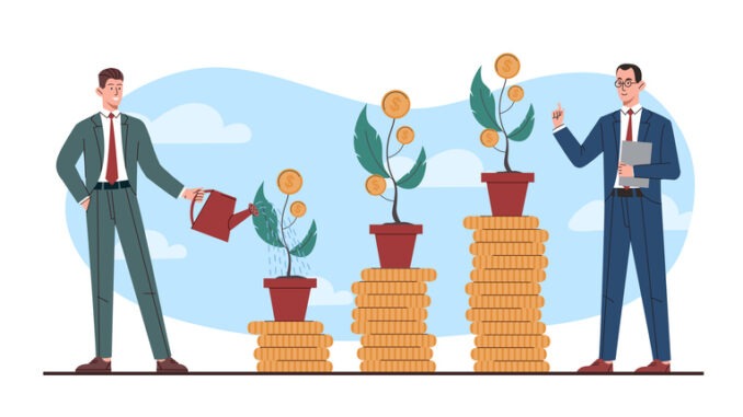 People with money tree. Men in suits near stack of gold coins and money stems. Financial literacy and passive income. Economy, investing and trading. Flat vector illustration