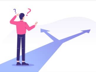 Confused man standing at crossroads. Difficult choice between two options. Decide dilemma. Solve problem. Alternatives or opportunities. Making decision concept. Choose pathway. Vector illustration