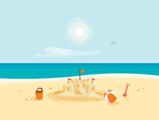 Sand Castle on Sandy Beach with Blue Sea Ocean and Clear Summer Sunny Sky