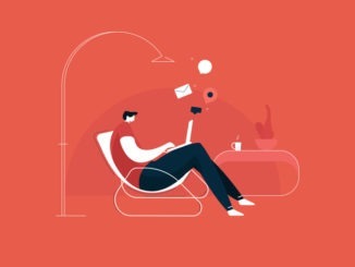 young man working from home illustration, Young man sitting on a chair and using laptop. Freelance, self employed, freedom, in living room, work from home concept vector