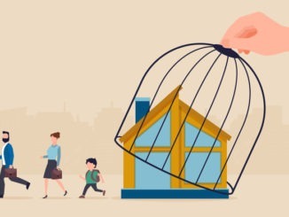 Vector of a hand lifting a cage of a house letting young family to go back to work and school after coronavirus lockdown