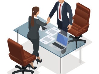 Businesspeople handshaking after negotiation or interview at office. Productive partnership concept. Constructive Business Confrontation isometric vector illustration
