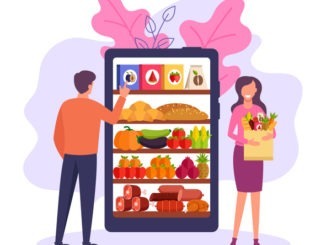 People consumers man and woman character choosing products food by smartphone online food market place. Online delivery shop concept. Vector flat cartoon graphic design illustration