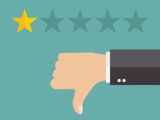 Thumb down pointing at negative one star feedback. Rating, evaluation, success, feedback, review, quality and management concept.