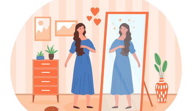 Woman looks at reflection in mirror. Metaphor for positive personality traits, mental development, self love and individual