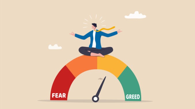 Market sentiment, fear and greed index, emotional on stock market or crypto currency trading indicator, investment risk psychology concept, businessman investor meditating on market sentiment gauge.