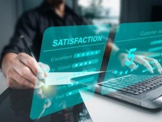 The concept of a customer satisfaction survey.Versual screen, business people or customers express their happiness. By awarding the highest level of satisfaction and five stars.
