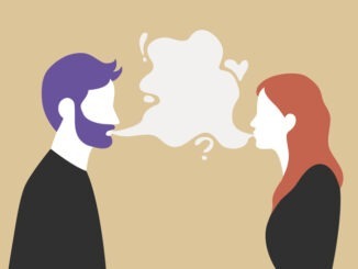 Man and woman talking with speech bubble in the middle - couple communication vector illustration