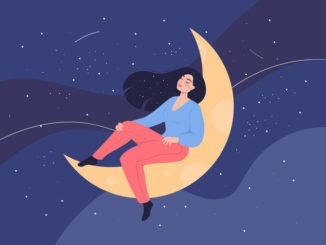 Woman sitting on crescent moon with closed eyes
