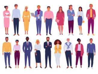 Vector illustration of diverse cartoon standing men and women of various races, ages and body type