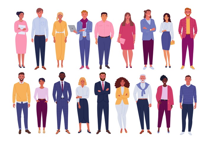 Vector illustration of diverse cartoon standing men and women of various races, ages and body type