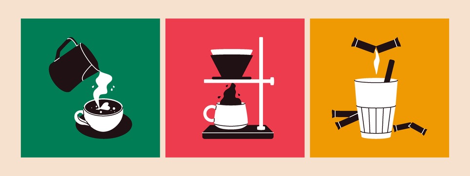 Coffee cups and equipment. Cartoon cute hot beverages with milk sugar, coffee shop menu templates. Vector isolated set