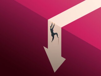 Surviving an economic downturn A businessman climbs a cliff to escape from a falling arrow.