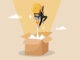 wisdom or imagination to success businesswoman with lightbulb idea as rocket booster flying from open box.