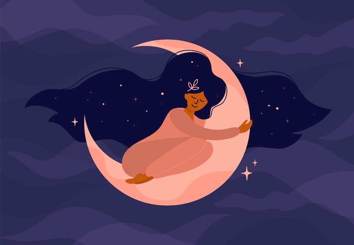 girl with long hair sleeps on the moon.