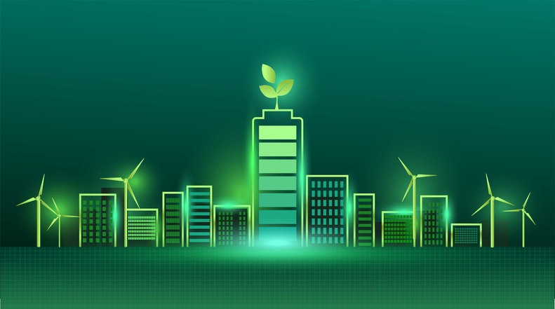 Ecology concept with green eco city background.
