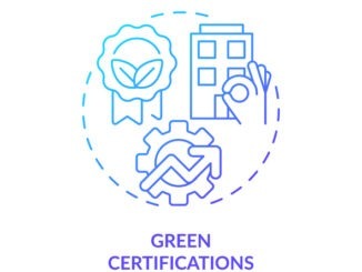 Blue gradient green certifications icon concept, isolated vector, sustainable office thin line illustration.
