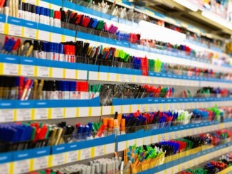 Colorful beautiful pen shelves in office supply store