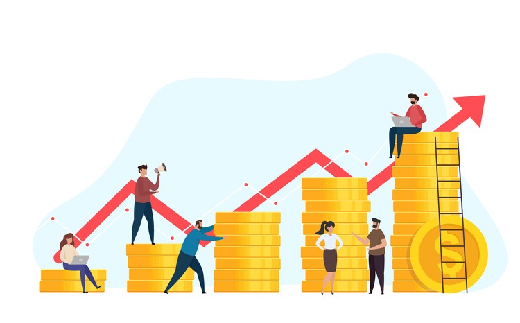 Concept growth business. Investment management. Successful team is engaged in the joint construction and the cultivation of profits. Business analysis and career success. Vector illustration.