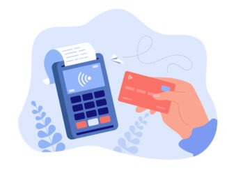 Hand holding debit or credit card for payment flat vector illustration. Cartoon unrecognizable buyer paying on contactless terminal. Digital transaction and wireless transfer concept