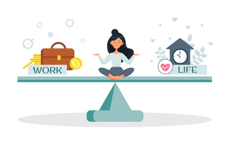 The girl is balancing between work and life. Career or family relationships. Choice. Vector illustration in cartoon style