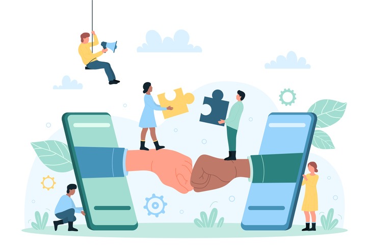 Business connections of employees, remote teamwork and partnership