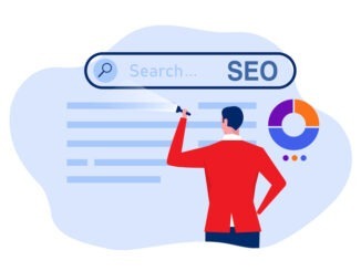 SEO,Businessman analysis or search engine optimization to help website reach top ranking in search result page,data, selects keywords and optimizes site for popular search queries. Vector illustration