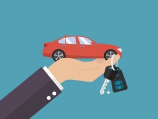 Hand holding car in palm and key on finger. Vector illustration