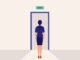 Young Woman Standing In Front Of Exit Door. Full Length, Vector, Illustration, Flat Design, Character.