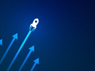 Up rocket and arrows on blue background illustration, copy space composition, business growth concept.