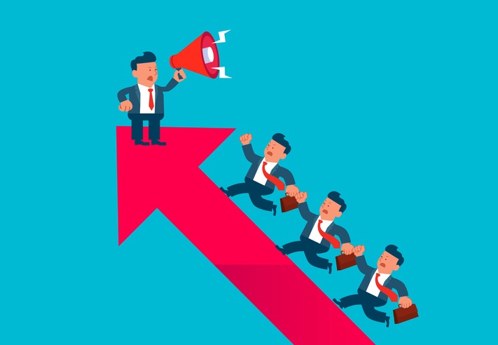 Motivating employee or team to move forward to achieve goal, business manager or boss speaking through megaphone pushes team along arrow