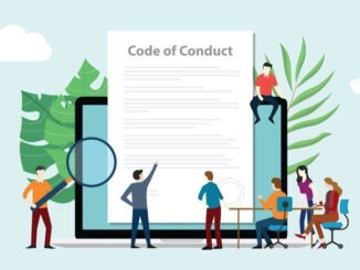code of conduct team people work together on paper document on laptop screen