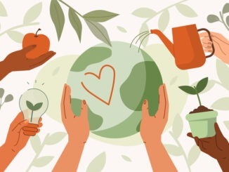 People taking care about planet earth and saving from climate change. Characters hands holding eco friendly objects. Sustainable lifestyle and climate change concept. Flat cartoon vector illustration.