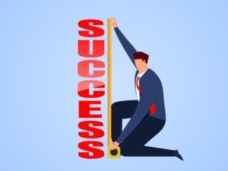 Businessman holding a tape measure to measure the height of success, distance to success, concept illustration of business success
